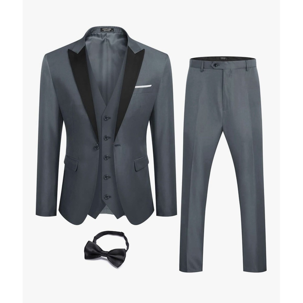COOFANDY‎ Mens 3 Piece Suit Gray Blk Peak Lapel Tuxedo Set Jacket Vest Pants Bow